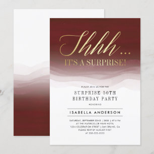 Guld & Burgundy Red Watercolor Surprise Birthday Inbjudningar