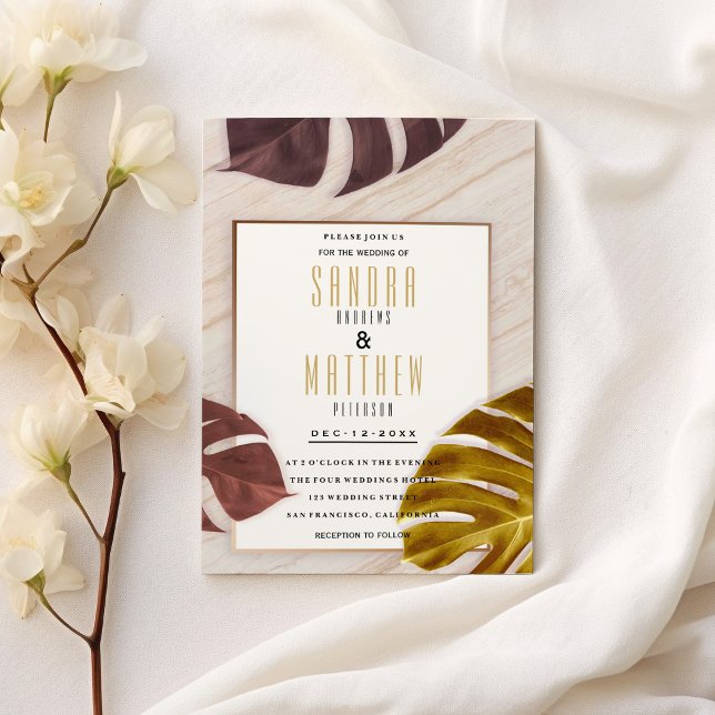 Guld burgundy ro guld marble tropical Bröllop Inbjudningar (Gold burgundy rose gold marble tropical Wedding )