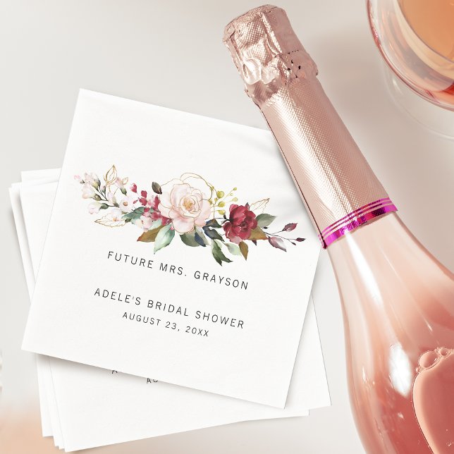 Guld Burgundy Ros Blomsterbukett Bröllopsfest Pappersservett (Gold Burgundy Rose Floral Bouquet Bridal Shower Napkins)