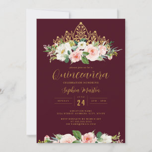 Guld Burgundy Rosa Blommigt Tiara Quinceanera Inbjudningar