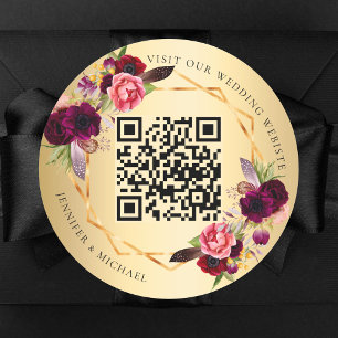 Guld burgundy rosa blommigts geometrisk QR bröllop Runt Klistermärke