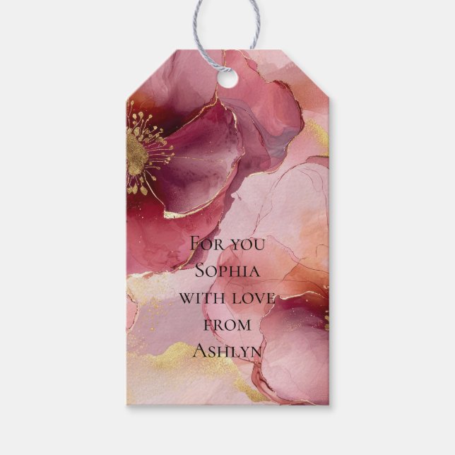 Guld Burgundy Rosenskära Blommig Baby Shower  Presentetikett (Framsidan)