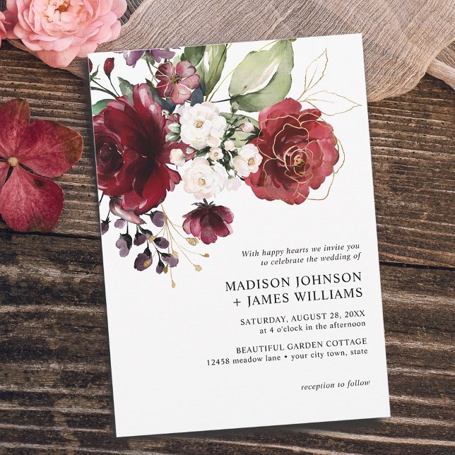 Guld Burgundy Vin Ros Blommig Casual Bröllop Inbjudningar (Gold Burgundy Wine Blush Floral Casual Wedding Invitation)