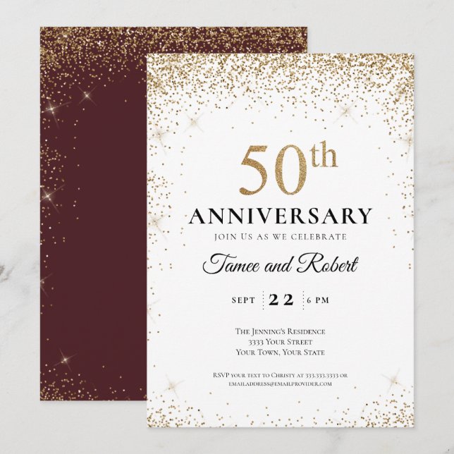 Guld Burgundy Vit 50-årsdag för bröllop  Inbjudningar (Fram/baksida)