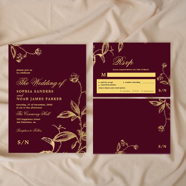 Guld burguny elegant monogram måltid bröllop OSA kort (The invitation can be purchased separately)