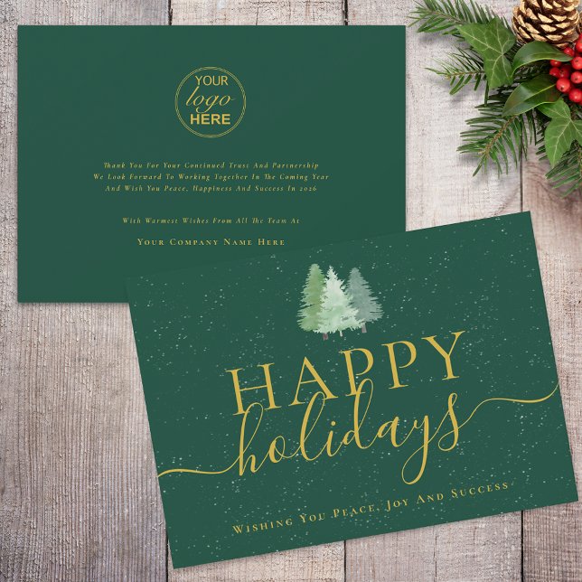 Guld Business i Modern Julgranar Logotyp Grönt Julkort (Modern watercolor christmas trees company logo business green and gold holiday card)