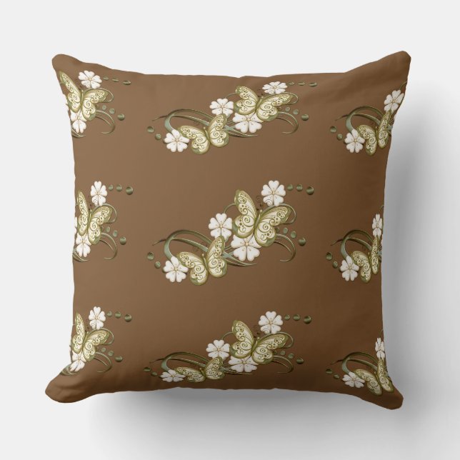 Guld Butterflies Blommönster Pillow Kudde (Framsida)