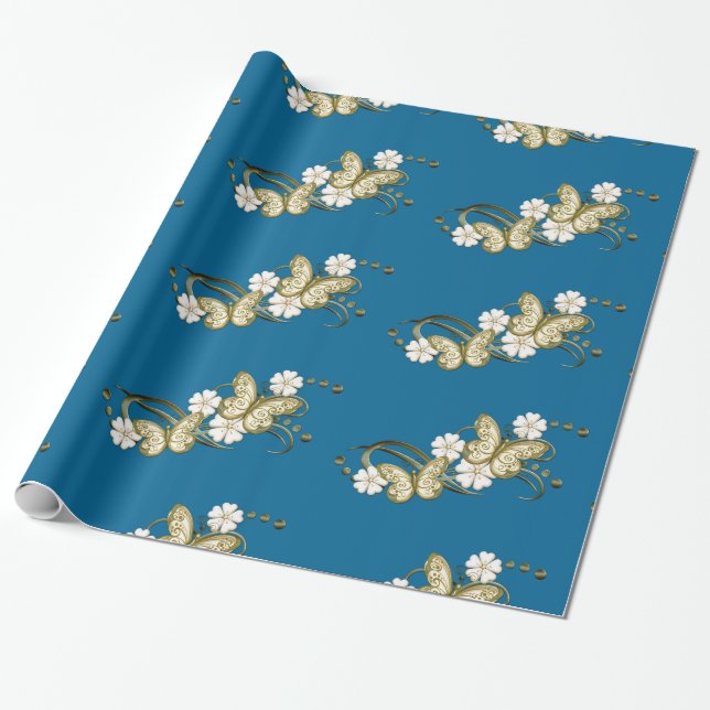 Guld Butterflies Blommönster Wrapping Papper Presentpapper (Utrullad)