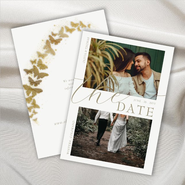 Guld Butterflies Boho Bröllop 2 Foton Spara Datum Inbjudningar (Skapare uppladdad)
