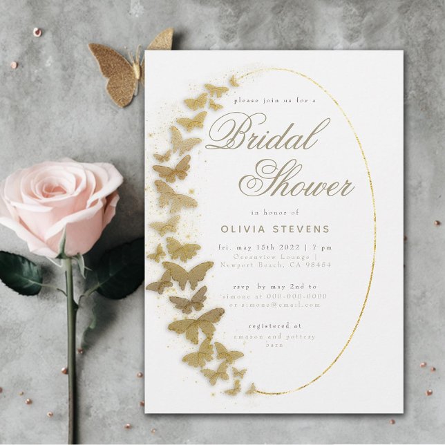 Guld Butterflies Boho Ram Elegant Möhippa Inbjudningar (gold butterflies boho frame elegant classic calligraphy bridal shower invitation modern romantic)
