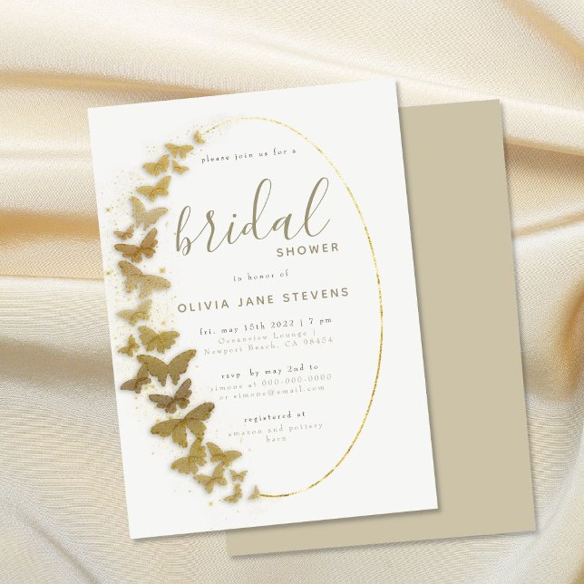 Guld Butterflies Elegant Boho Ram Möhippa Inbjudningar (gold butterflies bridal shower invitation bohemian romantic frame elegant boho modern simple trendy)