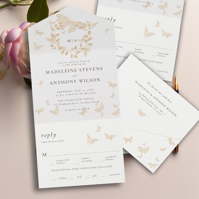 Guld Butterflies Elegant Romantic All One Bröllop (butterflies garden theme modern romantic elegant minimalist all in one trifold wedding invitation)
