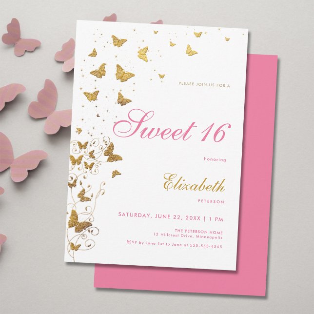 Guld Butterflies Garden Elegant Rosa Girl Girl Swe Inbjudningar (elegant sweet 16 girls birthday party invitation gold butterflies garden classy stylish boho chic)