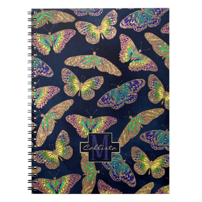 Guld Butterflies Glitter Watercolor Monogram Anteckningsbok (Framsidan)