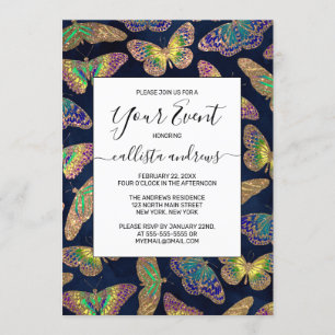 Guld Butterflies Glitter Watercolor Mönster Inbjudningar