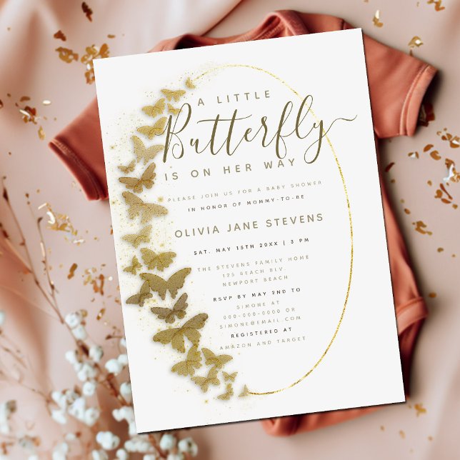Guld Butterflies Simple Boho Ram Baby Shower Inbjudningar (Skapare uppladdad)