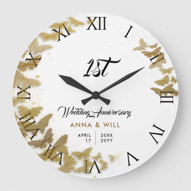 Guld Butterflies Wandefrio Boho Bröllop-årsdagen Stor Klocka (Framsida)