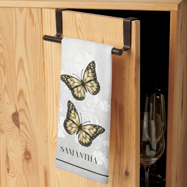 Guld Butterfly Blommigt Kitchen Towel Kökshandduk (Thirds Fold)