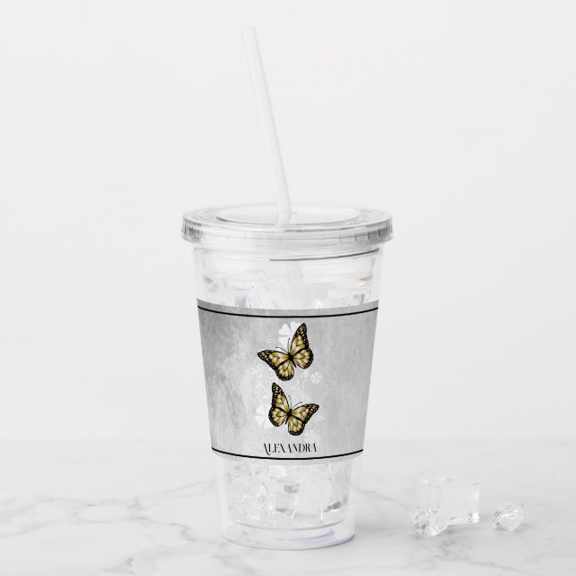 Guld Butterfly Blommigt Personlig Akryltumbler Take Away Mugg (Framsida Ice)