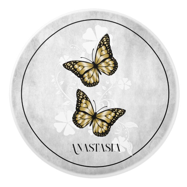 Guld Butterfly Blommigt Personlig Ceramic Knob Knopp (Framsidan)