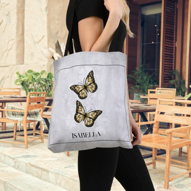 Guld Butterfly Blommigt Personlig Tote Bag Tygkasse (Gold Butterfly Floral Personalized Tote Bag)