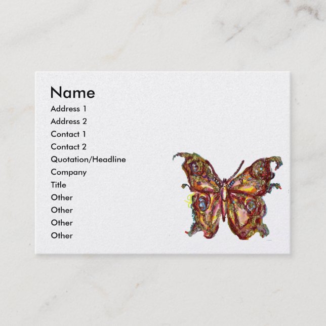 GULD BUTTERFLY I BLUE SPARKLES White Pearl Papper Visitkort (Framsida)