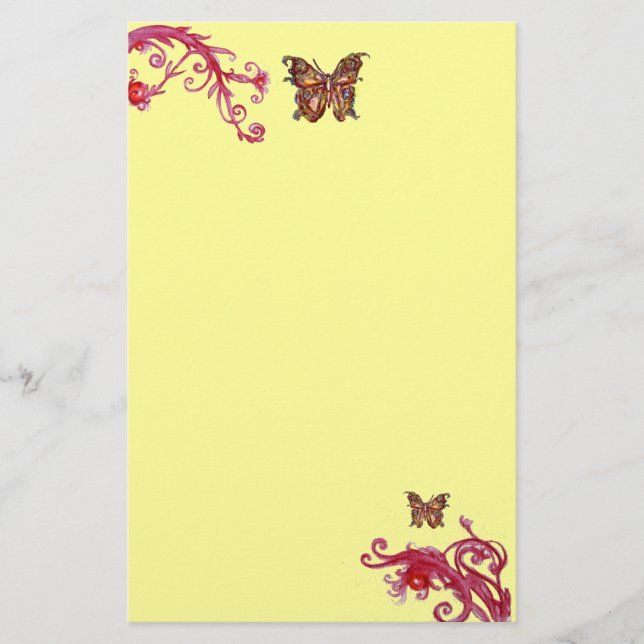 GULD BUTTERFLY, röd rosa lätt gult Brevpapper (Framsida)