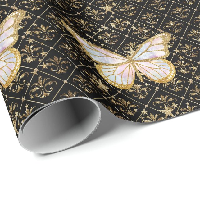 Guld Butterfly & Stars Wrapping Papper Presentpapper (Rullad Hörn)