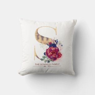 Guld C Monogram Blommigt Burgundy Red och Navy Blu Kudde