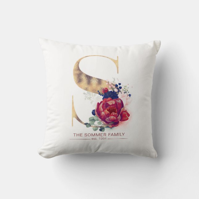 Guld C Monogram Blommigt Burgundy Red och Navy Blu Kudde (Framsida)