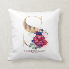 Guld C Monogram Blommigt Burgundy Red och Navy Blu Kudde