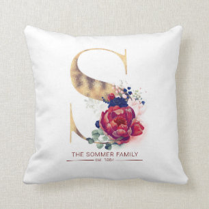 Guld C Monogram Blommigt Burgundy Red och Navy Blu Kudde