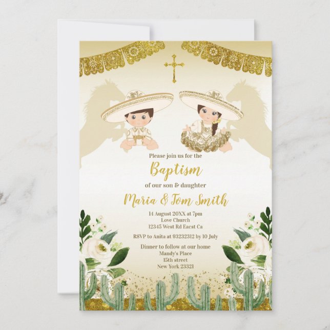 Guld Cactus Birthday Baptism Fiesta Twin Inbjudningar (Framsida)