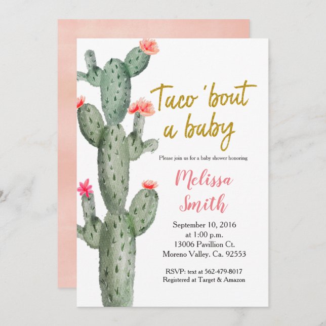 Guld Cactus blommigt Baby Shower Taco Bout Baby Inbjudningar (Fram/baksida)