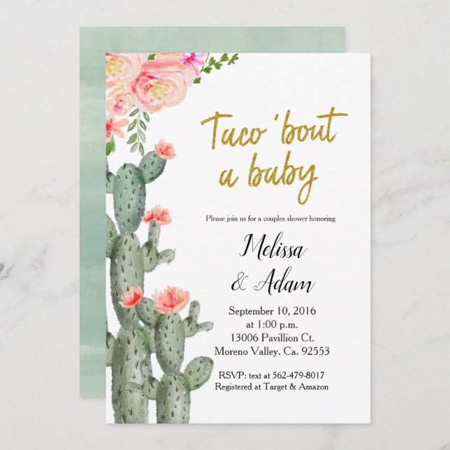 Guld Cactus blommigt Taco Bout Baby Baby Shower Inbjudningar (Fram/baksida)