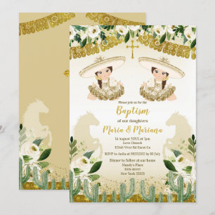 Guld Cactus Twillingars Girl Baptism and Birthday Inbjudningar