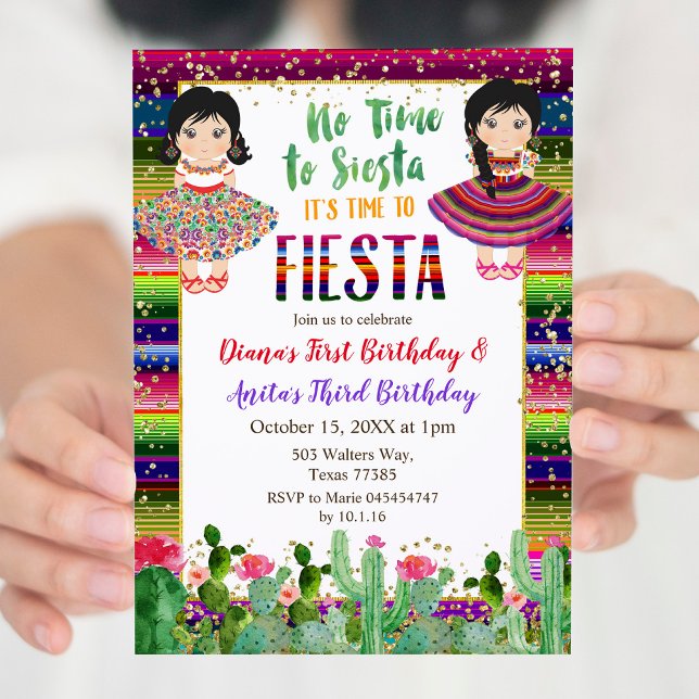 Guld Cactus Twillingars Girl Birthday Fiesta Inbjudningar (Skapare uppladdad)