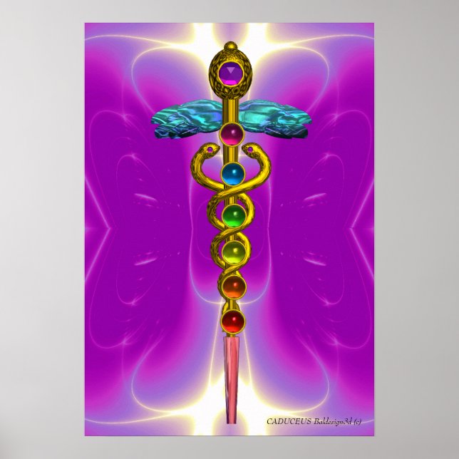 GULD CADUCEUS 7 CHAKRAN, Yoga, Medicin  Rosa Fuchs Poster (Framsidan)