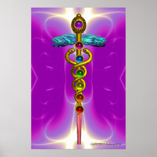GULD CADUCEUS 7 CHAKRAN, Yoga, Medicin Rosa Fuchs Poster