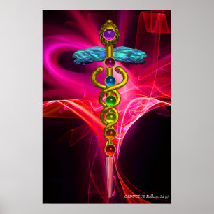 GULD CADUCEUS,7 CHAKRAS ROSA FUCHSIA Yoga Medical Poster