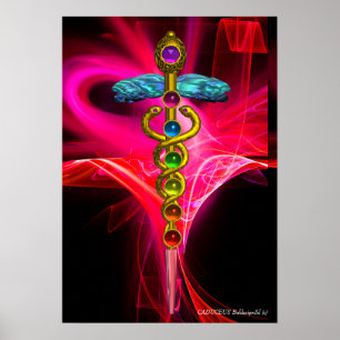 GULD CADUCEUS,7 CHAKRAS ROSA FUCHSIA Yoga Medical Poster