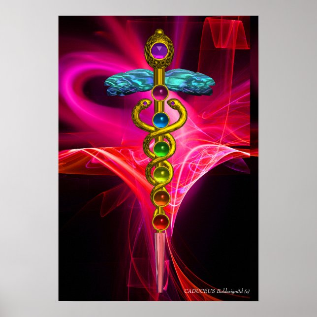 GULD CADUCEUS,7 CHAKRAS ROSA FUCHSIA Yoga Medical Poster (Framsidan)