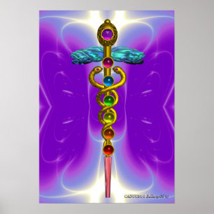 GULD CADUCEUS 7 CHAKRAS,Yoga,Medial Lila Violet Poster