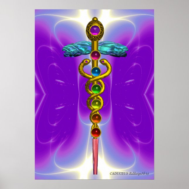 GULD CADUCEUS 7 CHAKRAS,Yoga,Medial Lila Violet Poster (Framsidan)