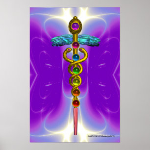 GULD CADUCEUS 7 CHAKRAS,Yoga,Medial Lila Violet Poster