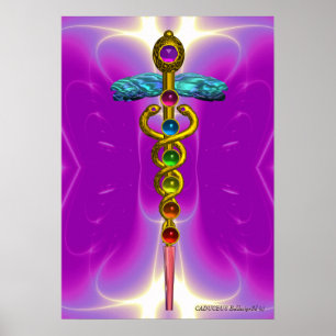 GULD CADUCEUS 7 CHAKRAS,Yoga,Medical Rosa Fuchsia Poster