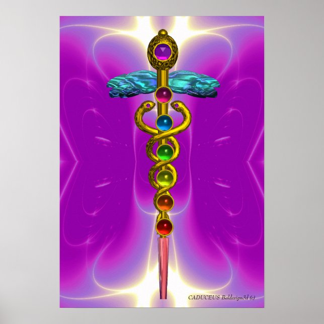 GULD CADUCEUS 7 CHAKRAS,Yoga,Medical Rosa Fuchsia Poster (Framsidan)