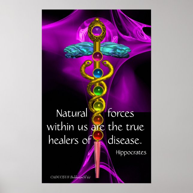 GULD CADUCEUS, 7 CHAKROR, PURPUR ROS Medicinsk, Yo Poster (Framsidan)