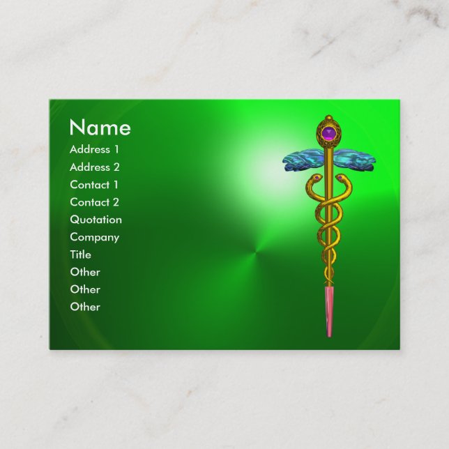 GULD CADUCEUS,DOKTOR,GRÖNT FÖR MEDICINSK TJÄNST VISITKORT (Framsida)