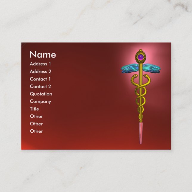 GULD CADUCEUS,DOKTOR MEDICAL SERVICE Red Ruby Visitkort (Framsida)